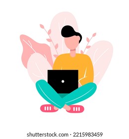 Modern Man Working With Computer. Freelancer, Student, Online Consultant. Illustration.