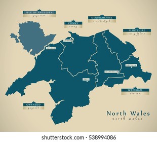 Modern Map - North Wales UK Illustration