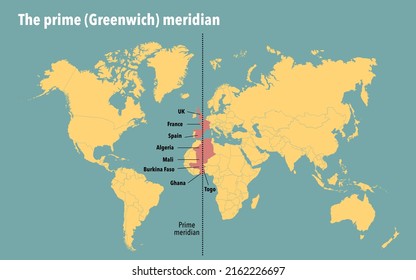 Modern Map Showing The Countries That The Prime Greenwich Meridian Passes Through