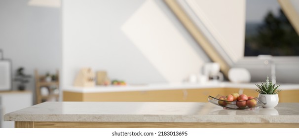 Modern Marble Kitchen Tabletop With Decors And Copy Space For Your Product Display Over Blurred Minimal Bright Kitchen Cooking Space In The Background. 3d Rendering, 3d Illustration