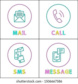 Modern Means Of Communication Outline Icon Set. Phone Message And Simple Call, Text Sms And Electronic Mail To Keep In Touch Small Color Sketch Depiction.