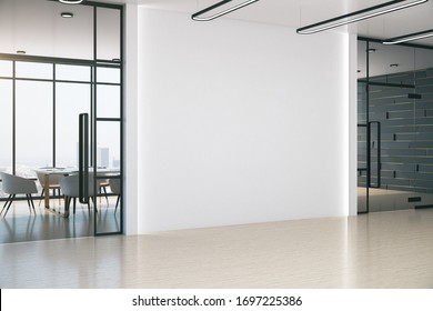 Modern meeting office with blank white wall, table and chairs. Workplace and lifestyle concept. 3D Rendering