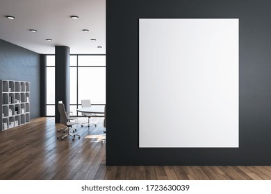 Modern meeting room with blank poster on gray wall.  Workplace and lifestyle concept. 3D Rendering