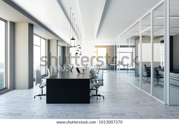 Modern meeting room with city view and equipment. 3D\
Rendering 