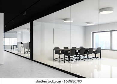 Modern Meeting Room Corner In Stylish Office With White And Black Walls, Concrete Floor, Long Conference Table And Horizontal Mock Up Poster. Open Space Area In Background. 3d Rendering