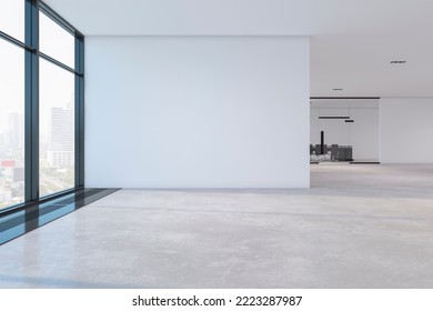 Modern Meeting Room Hallway Interior With Glass Wall, Window With City View And Blank Mock Up Place. 3D Rendering