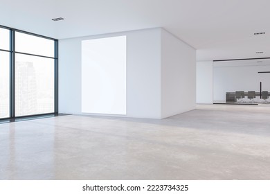 Modern Meeting Room Hallway Interior With Glass Wall, Window With City View And Blank Mock Up Banner. 3D Rendering