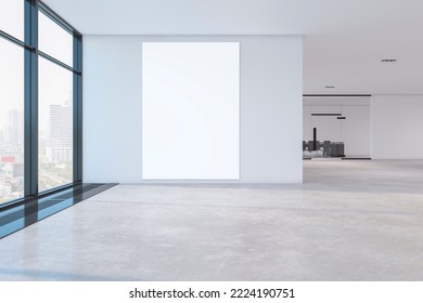 Modern Meeting Room Hallway Interior With Glass Wall, Window With City View And Blank Mock Up Frame. 3D Rendering