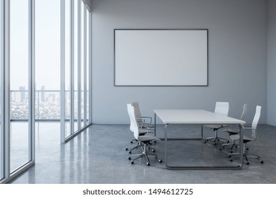 Modern Meeting Room Interior With Empty Poster On Concrete Wall, Equipment And City View. Mock Up, 3D Rendering 