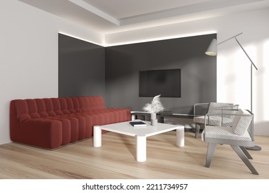 Modern Meeting Room Interior With Sofa And Two Armchairs, Side View Tv Screen On Wall And Minimalist Decoration. Coffee Table With Lamp On Hardwood Floor. 3D Rendering