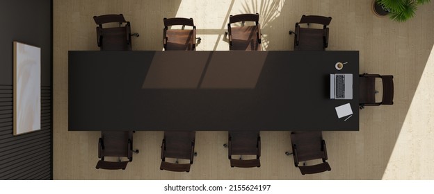 Modern Meeting Room With A Laptop Computer On A Brown Conference Table, Wooden Chairs On Light Wood Floor. Overhead Shot, Conference Room.
