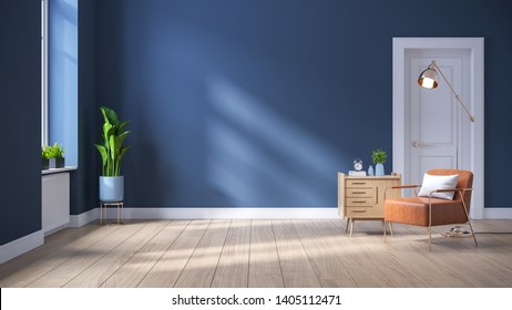 Modern Mid Century  Interior Of Living Room ,leather Armchair With Wood Cabinet On Blue Wall And Wood Floor ,3d Render