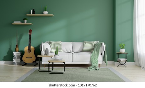 Modern Mid Century And Minamalist Interior Of Living Room, Eco Space Concept  Design , White Sofa And Green Plant On Green Wall And Wood Floor ,3d Render