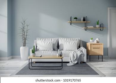 Modern Mid Century And Minamalist Interior Of Living Room Design Concept, White Sofa And Wood Table On Blue Wall And Wood Floor ,3d Render