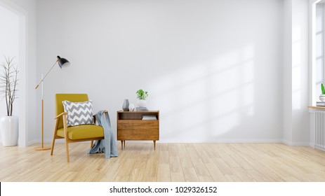 Modern mid century and minimalist interior of living room Yellow armchair with wood table on white wall and wood floor ,3d render