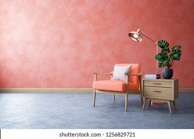Modern mid century and minimalist interior of living room ,Living coral decor concept,vintage coral armchair with wood table on concrete floor ,3d render