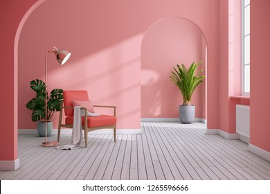 Modern mid century and minimalist interior of living room ,Living coral decor concept,vintage pink armchair with coral wall on white floor ,3d render