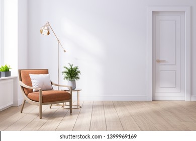 Modern Mid Century And Minimalist Interior Of Living Room ,leather Armchair With Table On White Wall And Wood Floor ,3d Render