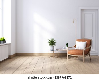 Modern mid century and minimalist interior of living room ,leather armchair with table on white wall and wood floor ,3d render
