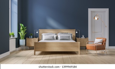 Modern Mid Century And Minimalist Interior Of Bedroom ,wood Bed And Bedside Table With  Leather Armchair On Dark Blue Wall And Wood Floor ,3d Render