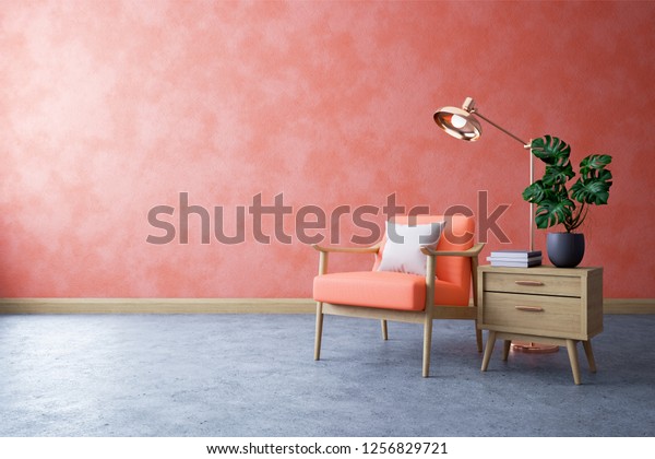 Modern mid century and minimalist\
interior of living room ,Living coral decor concept,vintage coral\
armchair with wood table on concrete floor ,3d\
render