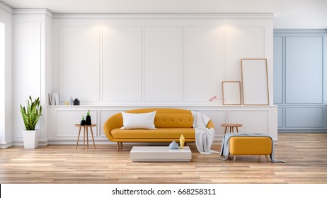 Modern mid Century room interior , Yellow sofa with frame  mock -up on white room,3d rendering