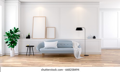 Modern Mid Century Room Interior , Gray  Sofa With Mock-up On White Wall And Wood Floor ,3d Rendering