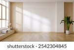 Modern  mid-century interior living room ,empty room ,wood floor and  white wall .3drender