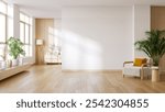 Modern  mid-century interior living room with white armchair  and wooden floor on white wall .3drender