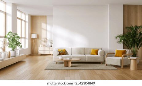 Modern  mid-century interior living room with white sofa and wooden coffee table on white wall .3drender
