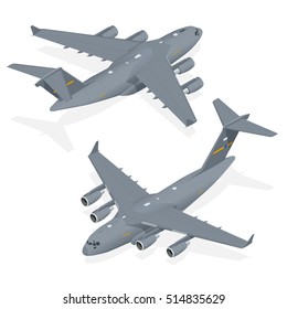 Modern Military Jet For Heavy Cargo. Isometric Plane Performs Strategic Airlift Missions, Transporting Troops And Cargo Throughout The World