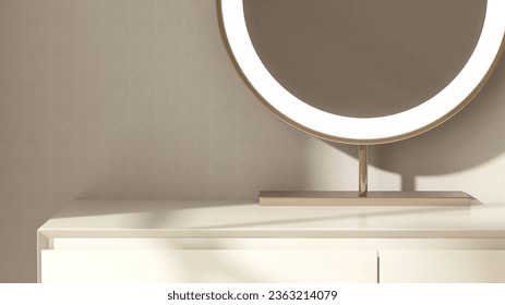 Modern, minimal cream dressing table, gold steel frame round vanity mirror with LED light in sunlight on beige wallpaper wall bedroom for luxury beauty, cosmetic, skincare product background 3D