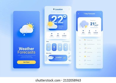 Modern And Minimal Mobile App Ui Interface Kit For Weather Forecast. 3d Glassmorphism Design.