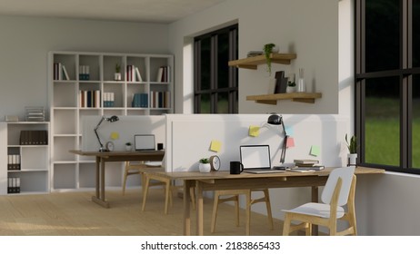 Modern Minimal Office Co-working Space Interior Design With Minimal Comfortable Office Desk, Office Chairs And Office Supplies. 3d Rendering, 3d Illustration