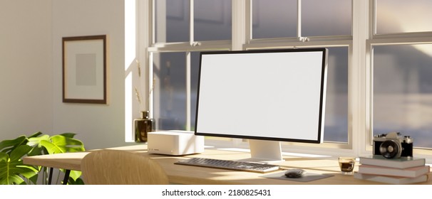 Modern Minimal Office Desk With PC Desktop Computer White Screen Mockup, Keyboard, And Accessories Against The Window. 3d Rendering, 3d Illustration