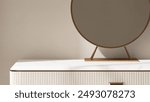 Modern, minimal white dressing table, gold steel frame round vanity mirror in sunlight on beige white wallpaper wall bedroom for luxury beauty, cosmetic, skincare product background 3D