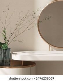 Modern, minimal white dressing table, gold steel frame round vanity mirror, tree twig in vase in sunlight on beige wallpaper wall bedroom for luxury beauty, cosmetic, skincare product background 3D