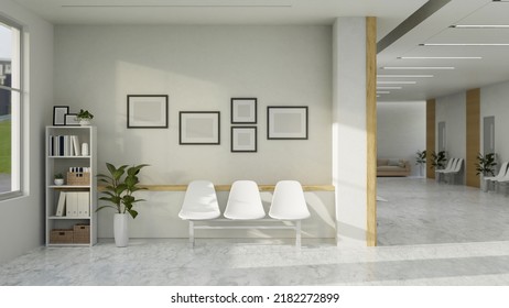 Modern Minimal White Hospital Or Clinic Corridor And Waiting Room Interior Design With White Chairs, Bookshelf, Indoor Plants And Frame Mockup On White Wall. 3d Rendering, 3d Illustration