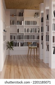 Modern Minimal White Library Or Bookstore Interior Design With Built-in Bookshelves, Indoor Plant, And Chair On Wood Plank Floor. 3d Rendering, 3d Illustration