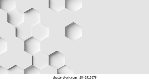 Modern Minimal White Random Inset Honeycomb Hexagon Geometrical Pattern Background Border Flat Lay Top View From Above, 3D Illustration