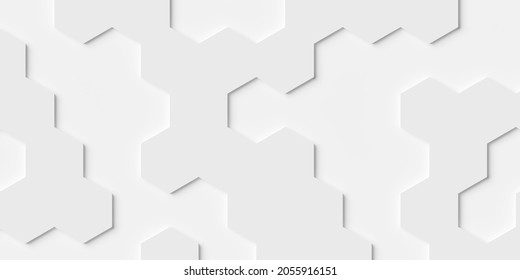 Modern minimal white two level inset honeycomb hexagon geometrical pattern background flat lay top view from above, 3D illustration