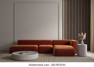 Modern minimalism interior with orange sofa, moldings and decor. 3d render illustration mockup.