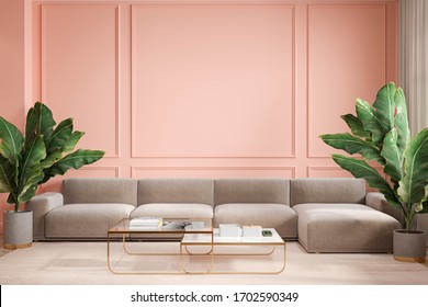 Modern minimalism peach interior with couch, sofa, palm plants and coffee tables. 3d render illustration mock up.