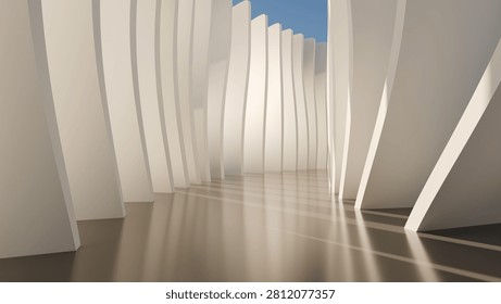 Modern minimalist 3D render background of a futuristic corridor with white curved parametric concrete walls and blue sky