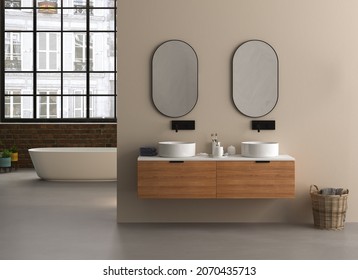 Modern Minimalist Bathroom Interior, Modern  Bathroom Cabinet With Interior Plants, Bathroom Accessories
. 3d Rendering
