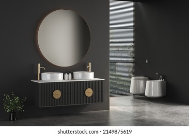 Modern minimalist bathroom interior, modern bathroom cabinet, double sink, interior plants, bathroom accessories, bathtub and toilet . 3d rendering
