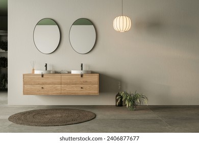 Modern minimalist bathroom interior, bathroom cabinet, double sink, wooden vanity, interior plants, bathroom accessories, bathtub, sea view, white and green wall, concrete floor. 3d Rendering
 - Powered by Shutterstock