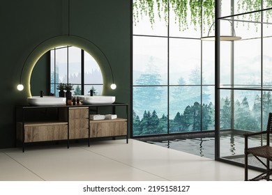 Modern Minimalist Bathroom Interior With Dark Green Wall, Luxury Bathroom Cabinet With Double Sink, Interior Plants, Pool, Marble Countertop, Forest View From Window. Cozy Bathroom Design. 3D Render
