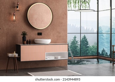 Modern Minimalist Bathroom Interior, Orange Wall, Modern Bathroom Cabinet With Interior Plants, Pool. Side View. 3D Render
