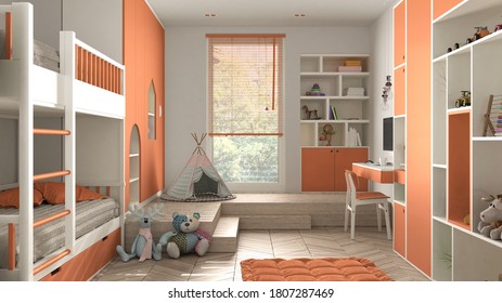 Modern Minimalist Children Bedroom In Orange Pastel Tones, Parquet Floor, Bunk Bed, Cabinets With Toys, Puppets And Decors, Soft Carpet, Tepee, Interior Design Concept Idea, 3d Illustration